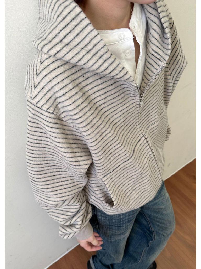 Unisex Striped Velour Hooded Cardigan Sweatshirt, Autumn/Winter, National Trend, Loose Fit, Versatile Zip-Up Jacket