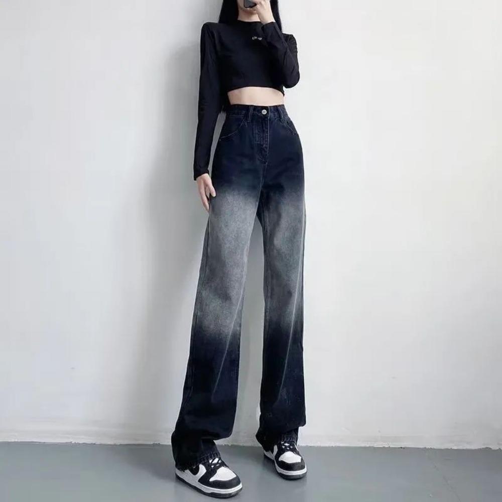 High Street Gradual Change Washed Jeans Women's Spring and Autumn Niche Design Sense Cover Hip Personality Mopping Wide Leg Jeans