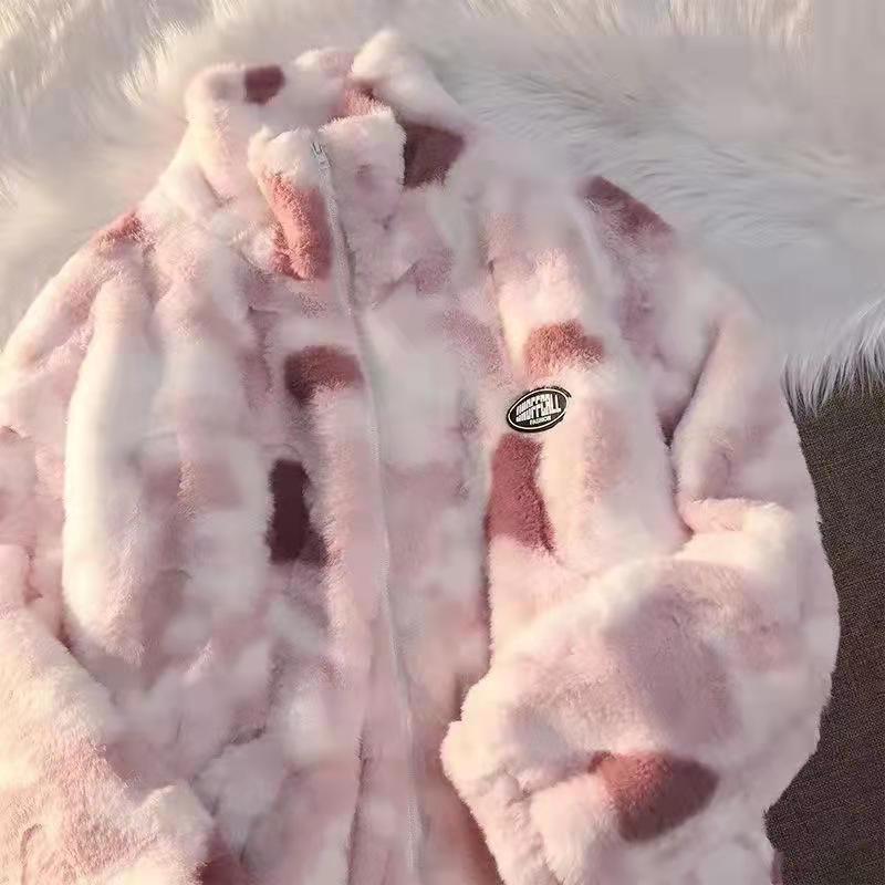 Damen Standkragen Reißverschluss Batik Teddy Mantel Lockerer Schnitt Langarm Fleecejacke Stickerei Aufnäher Winter Warm Große Größen Freizeit Oberbekleidung