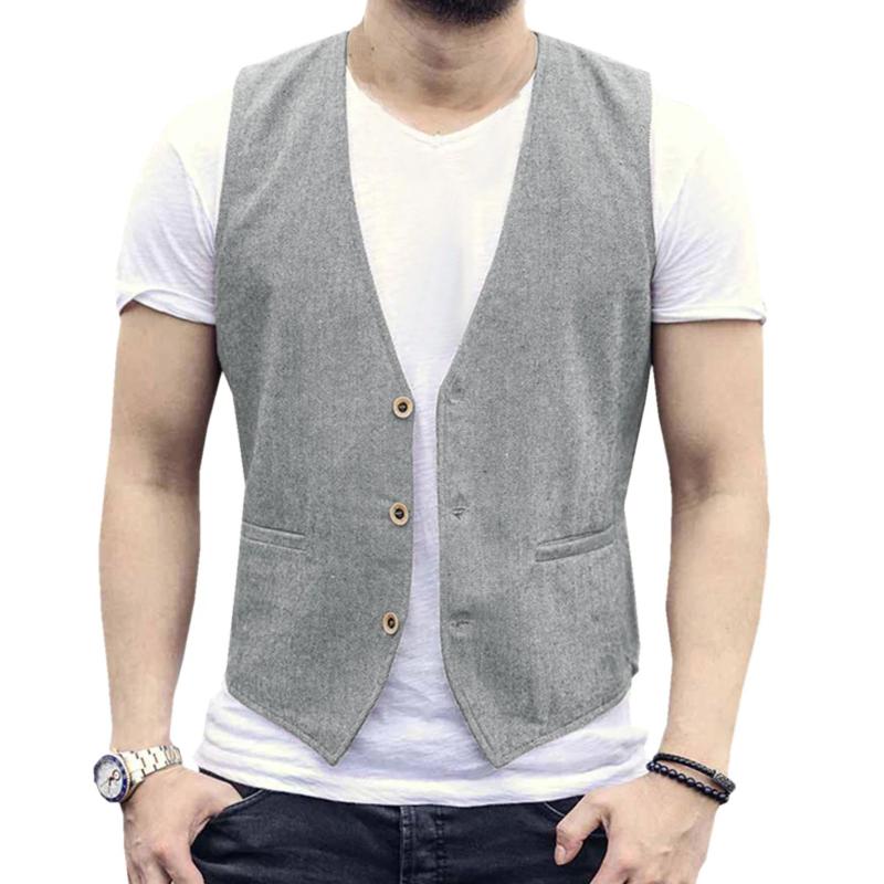 Leinen Herren Weste Hochzeit Bräutigam Unifarbene Weste Retro Vintage Bankett Gilet Herren Weste Anzug