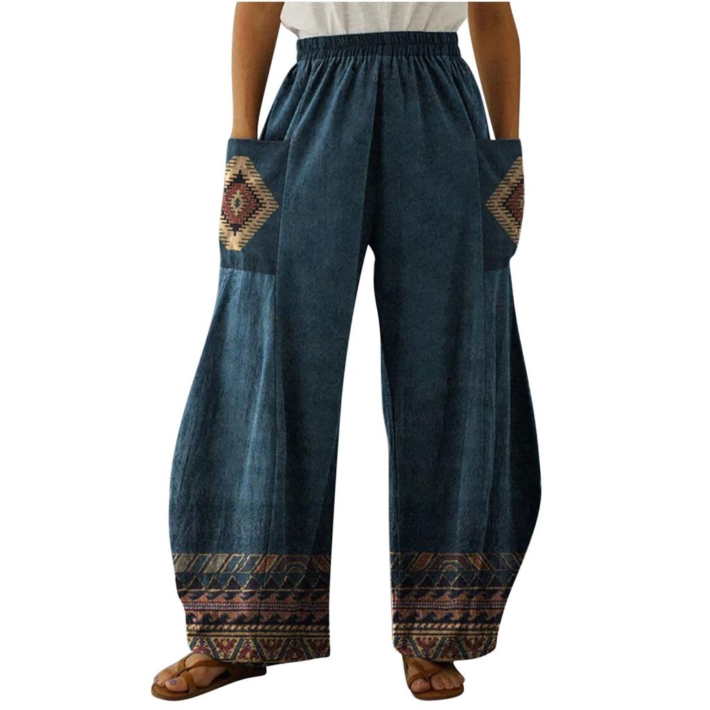 Damen-Hose aus bedruckter Baumwolle und Leinen, lockere, lässige Hose mit weitem Bein