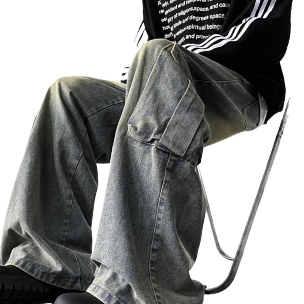 Men's Summer Trendy Wide-Leg Cargo Jeans with Large Pockets - Washed Retro Floor-Length Pants
