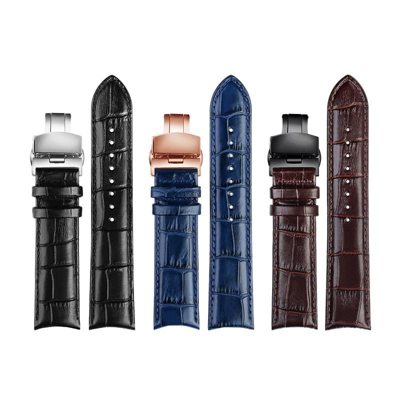 20mm 21mm 22mm Curved End Genuine Leather Watchband For Tissot Citizen Seiko Mido Arc Mouth Men Blue Watch Strap Universal Belt