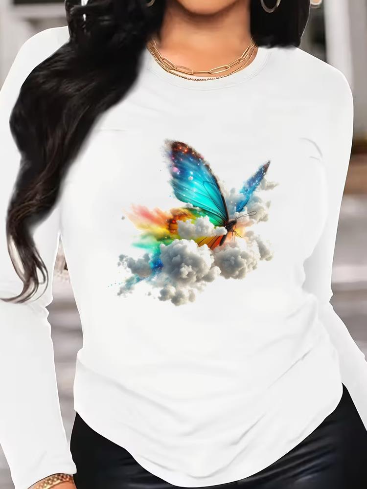 (Asian Size) Tee o-neck Print autumn winter spring Women Clothing butterfly 90s trend Casual Long Sleeve T Shirt Fashion Top Graphic T-shirts