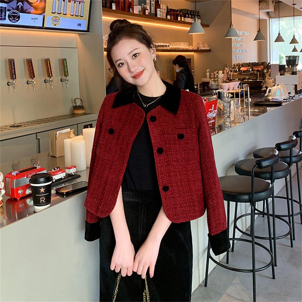 2025 Elegant Petite Red Wool Jacket - Felt French-Korean Style for Women