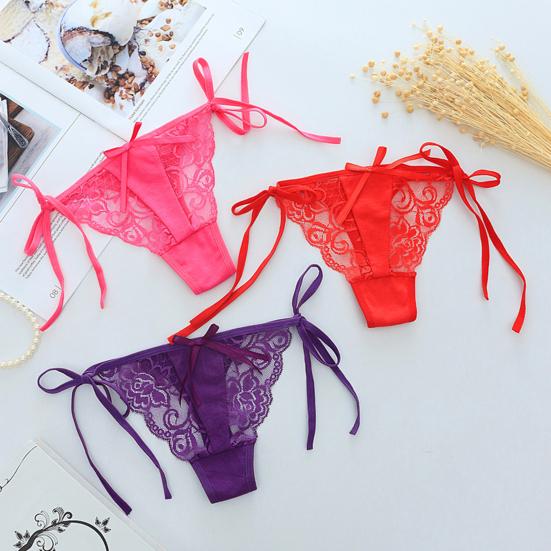 Women Thong Floral Embroidery Hollow Out Bow Decor See-through Lace Briefs Low Waist Elastic Wedding Night Bedroom Lady Underpants