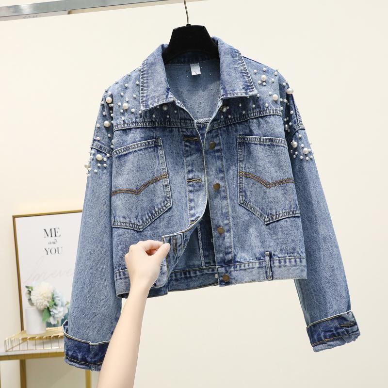 Womens Denim Jacket Short Loose Fit Oversized Cropped Jean Coat With Embellished Beading Casual Chic Outerwear