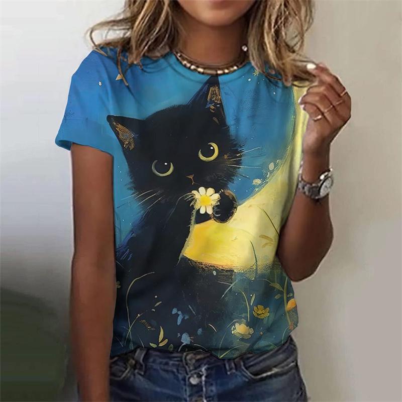 Cartoon Cat Pattern T-Shirt For Women Star Moon 3D Printed T Shirts Summer Fashion Street Tees Short Sleeves Crew Neck Tops