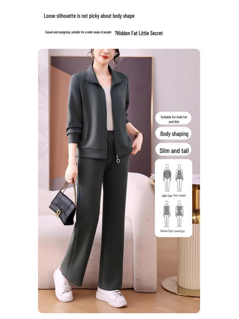 Damski modny zestaw dwuczęściowy: Kurtka z długim rękawem i spodnie z szerokimi nogawkami na wiosnę i jesień