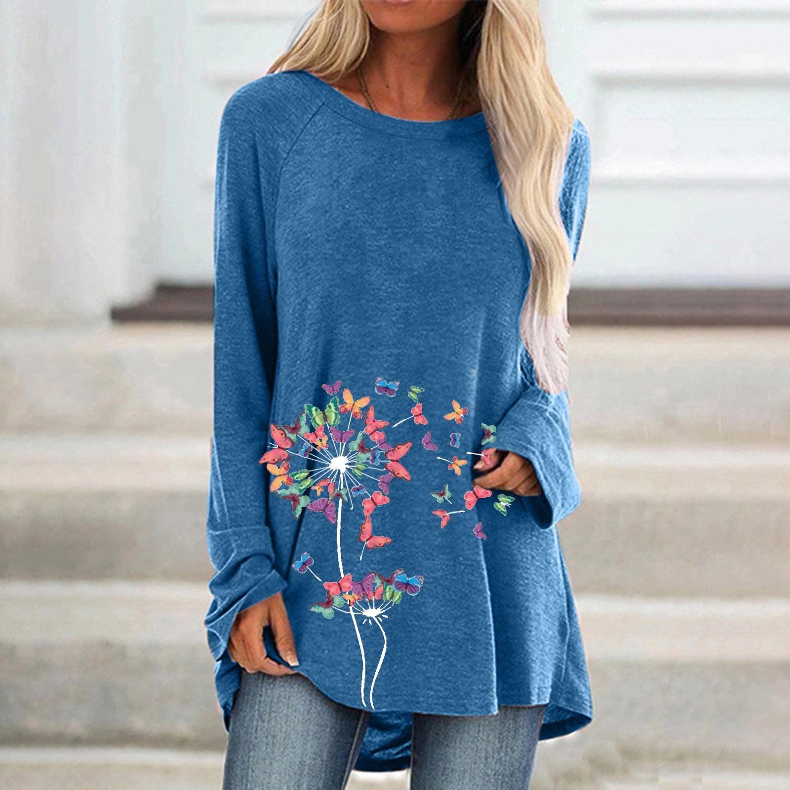 

Жіночий модний повсякденний пуловер з принтом з довгим рукавом Жіноча футболка з довгим рукавом з принтом осінь-зима M синій