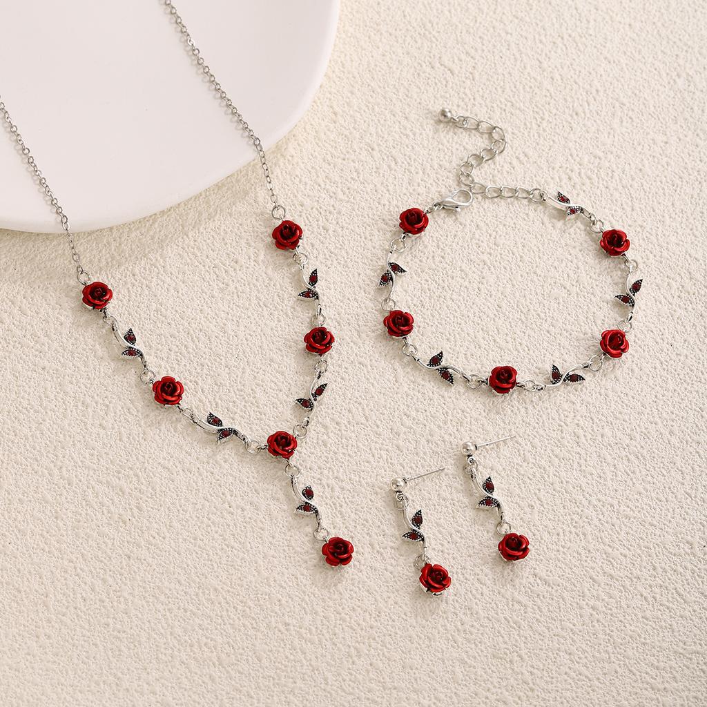 French Girl Mori Rose Earrings, Retro Romantic Red Flower Bracelet Niche Design Necklace Set