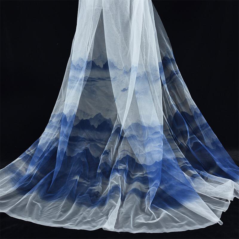 Ink Gradient Mesh Fabric Chinese Style Landscape Ink Painting Style Tulle Fabric Decorative Curtain Partition Printed Material 100x155cm