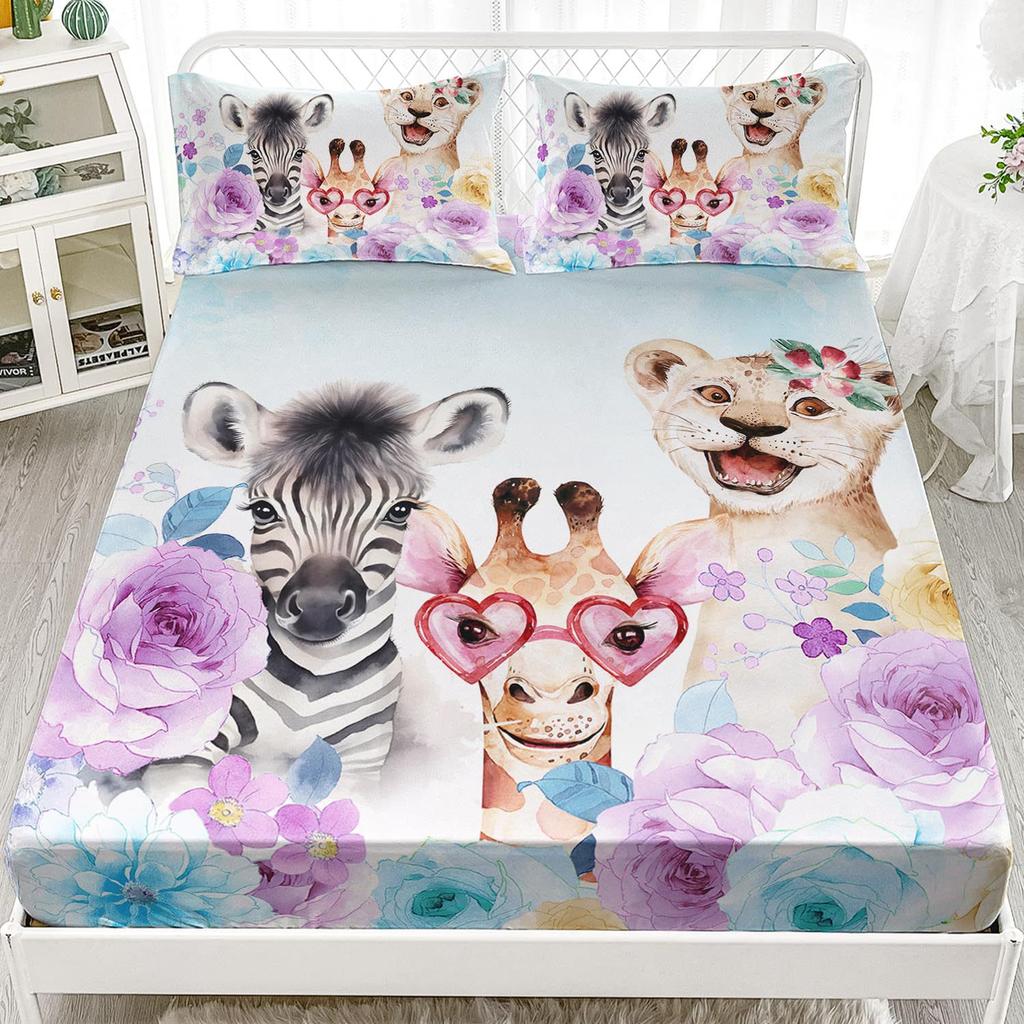 Cute Flower Deer Pattern Mattress Three-Piece Digital Printing Home Bedding Set