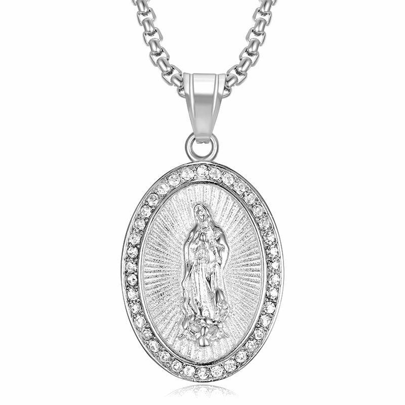 Jungfrau Maria Gebet Anhänger Halsketten Goldfarbe 316L Edelstahl mit Strasssteinen Schmuck für Damen/Herren