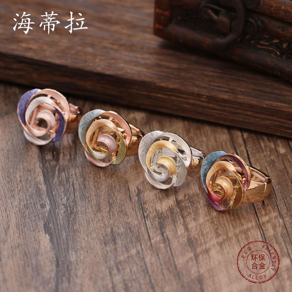 New Color Painting Oil Geometric Hollow Rose Elastic Ring, Fashionable Versatile Women's Alloy Ring