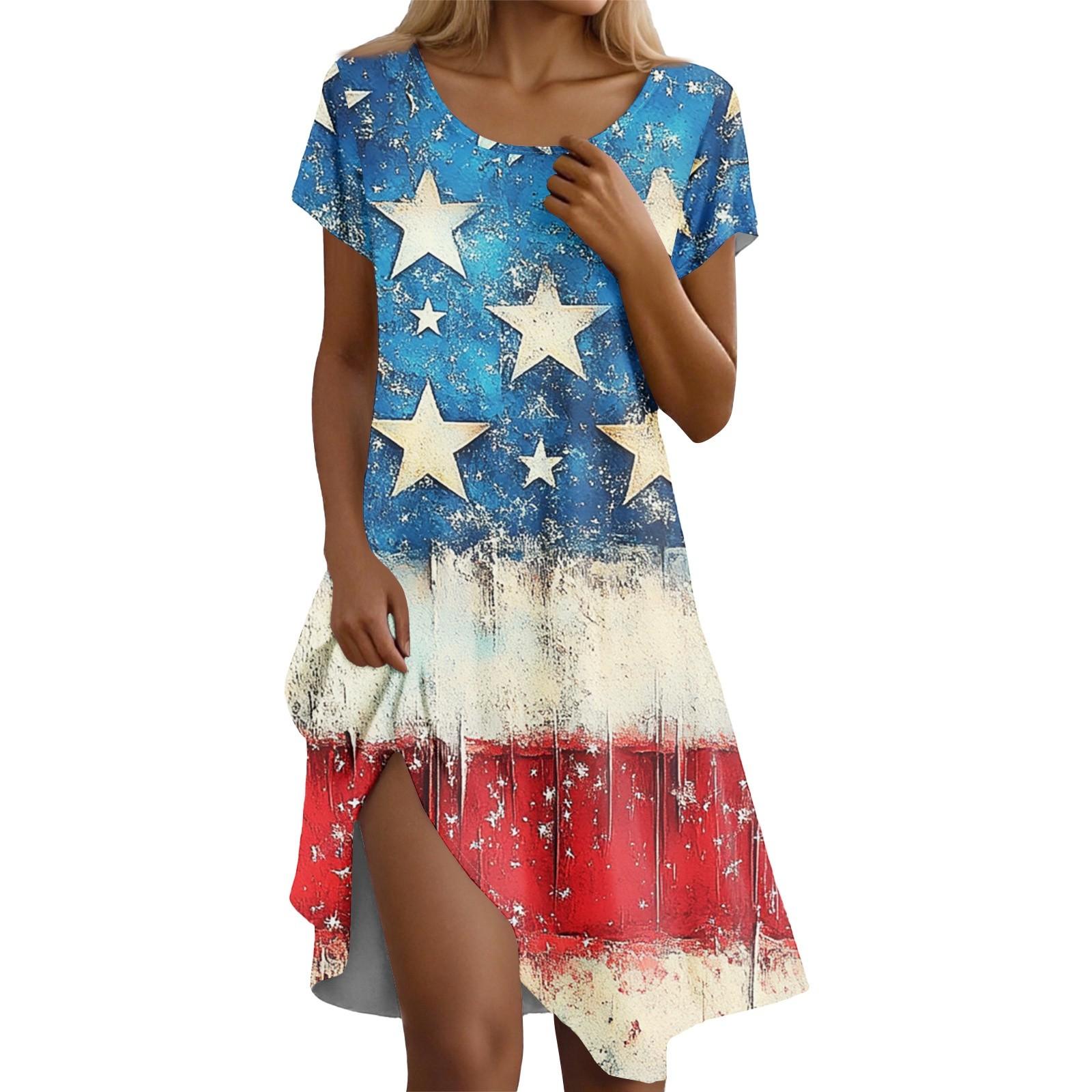 

Платье бохо с коротким рукавом для женщин, повседневное, свободного кроя, летний сарафан с принтом и карманами L синий