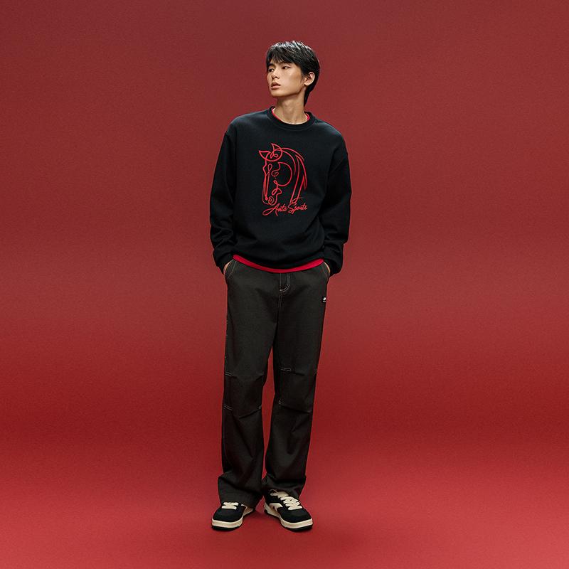 Anta Casual Fashion Sports Versatile Loose Comfortable Fleece Thick Warm Pullover Sweatshirt Men sweatshirt Black 952618706-3