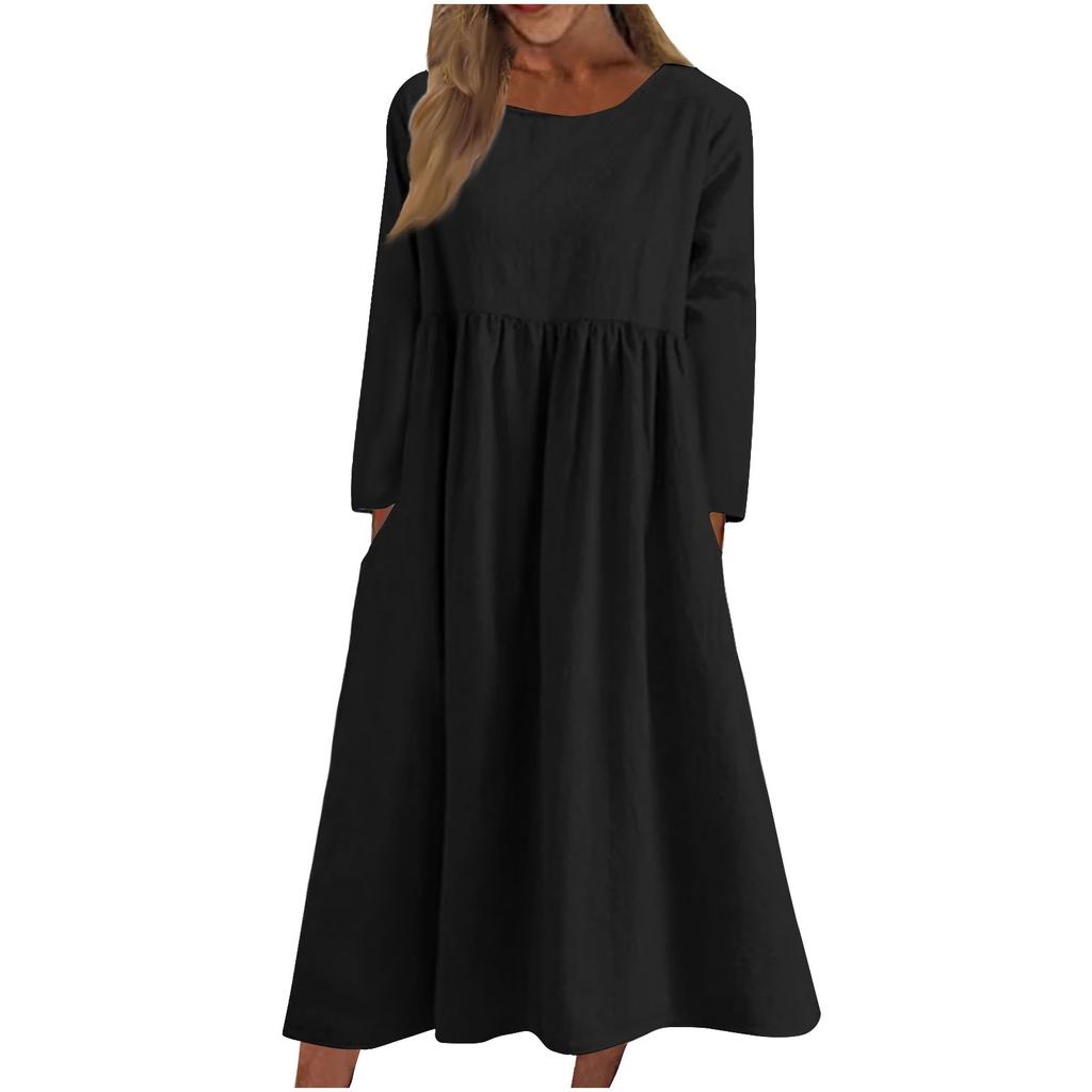 Women's Casual -neck Color Change Mid-length Dress Long-sleeved Dress With Pocket