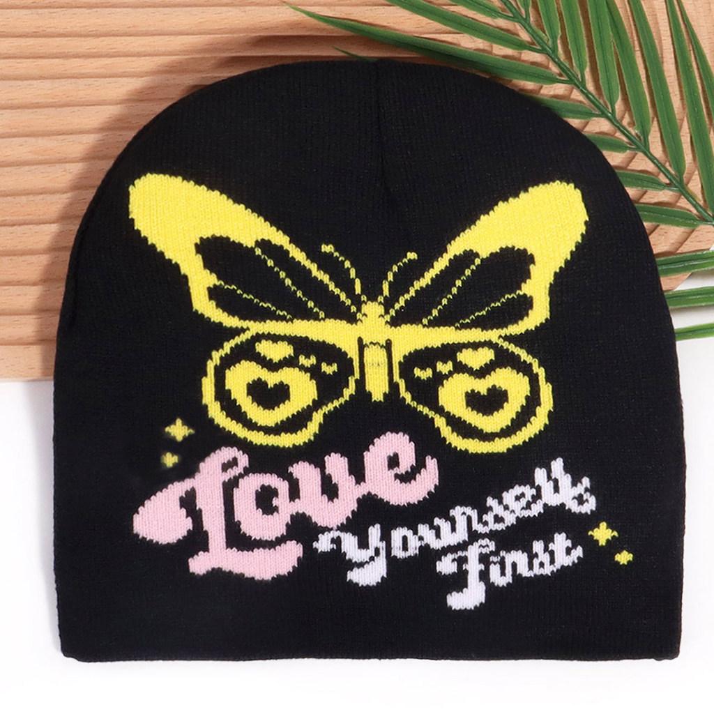 

Butterfly Motif Acrylic Beanie For Winter Fall Unisex Warmth And Style Black Yellow