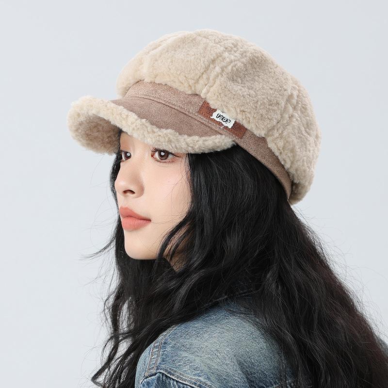 Thick Plush Stitching Octagonal Cap Women's Winter Warm Beret Ear Protection Cap