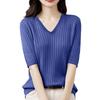 Women's Fashion Loose Knit Sweater Bottom Shirt V-Neck Pullover Half Sleeve Solid Color Top