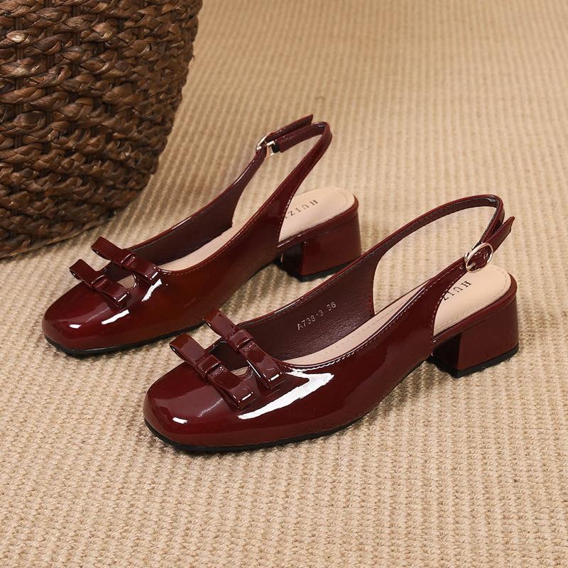 

Fashion square toe double bowtie sandals women med-high heels slingback summer shoes woman japanned leather gladiator sandalias mujer 39 красный