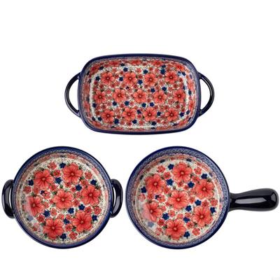 KX4B Retro Binaural Baking Pan Household Hand Painted Salad Plate Ceramic Baking Dish Home Bakeware for Cooking Cake Dinner