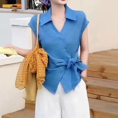 Trendy Casual Tie Detail Short Sleeve Shirt Women Summer New Stylish Versatile Blouses