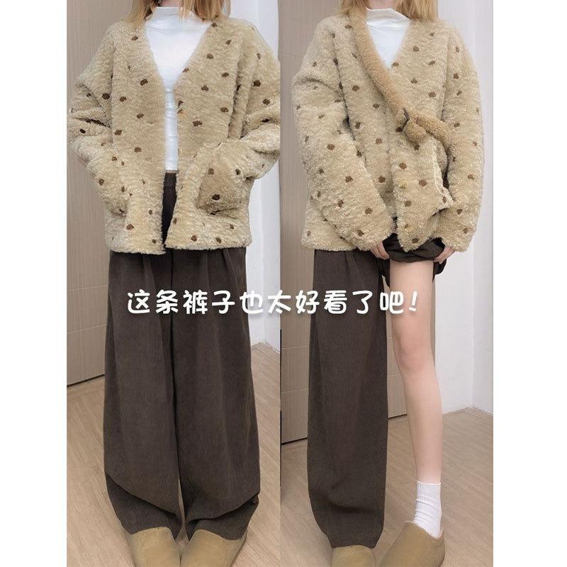 Coffee Chenier wide-leg pants for women's autumn and winter new thickened high-waisted drape lazy casual loose velvet pants