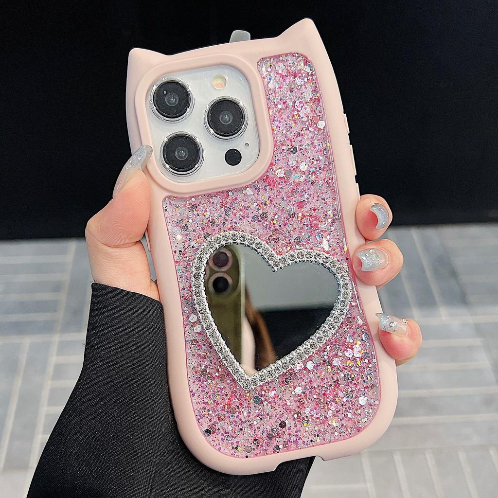 Cute Cat Ear Phone Case for Apple 16 Pro Max 15 iPhone 14 Soft 13 Diamond Edge Heart Mirror High Gloss TPU Compatible Plus Model