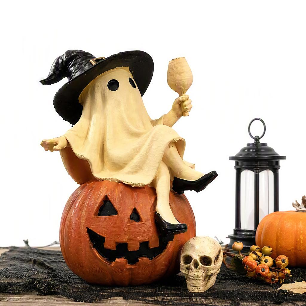 Spooky Witch Figurine Sitting On Pumpkin with Wine Glass and Skull Details for Home Party Decor Gift & Home
