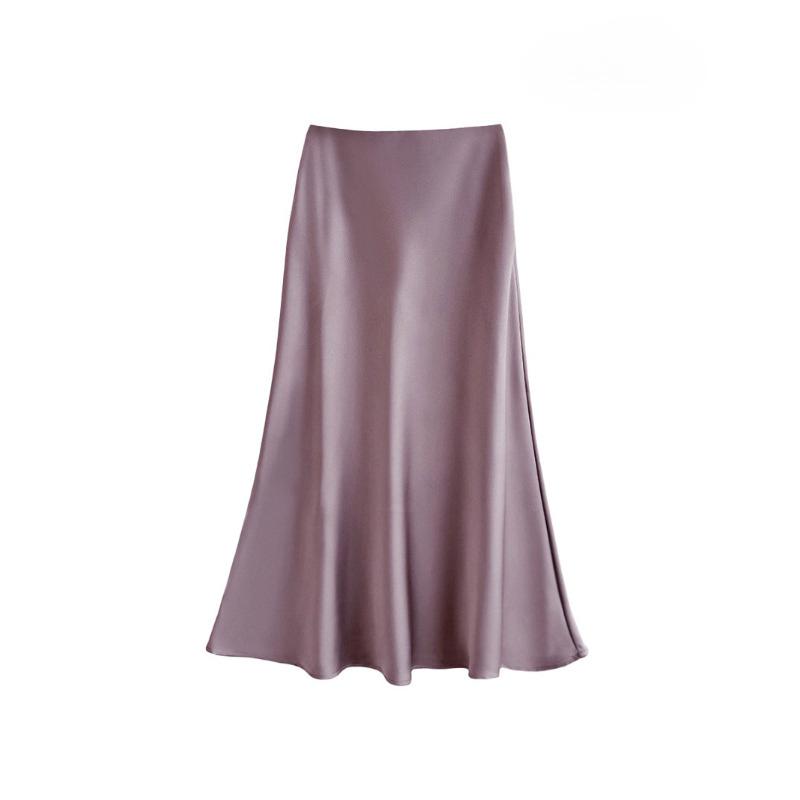 Satin High Waisted Midi Skirts for Women Hidden Elasticized Waistband A Line Flared Skirt Women's Spring Summer Silk Cocktail Flowy A-Line Skirts