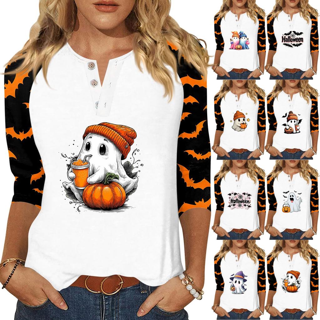Damen-T-Shirt mit Halloween-Aufdruck und Knopfleiste, 3/4-Ärmel, modisch für den Alltag und das Wochenende, Basic, V-Ausschnitt, normales Oberteil