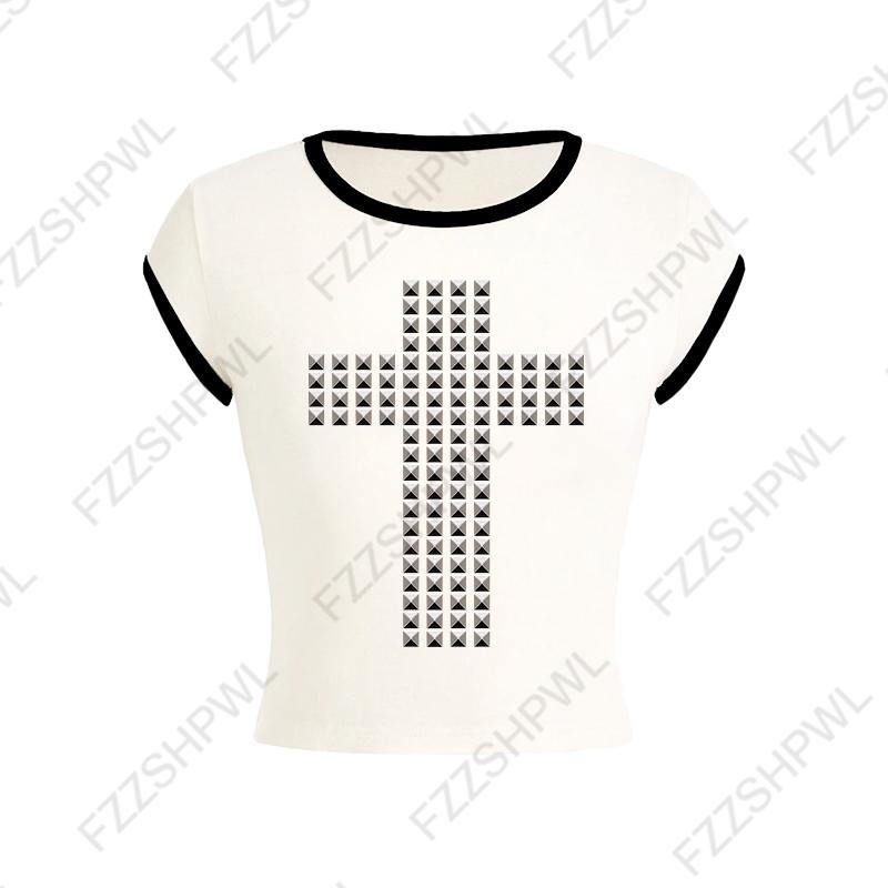 VAYLA Gothic Punk Rock Hip Hop Damska koszulka z krótkim rękawem Seksowna, dopasowana, szykowna, swobodna, podstawowa, metaliczna, dekoracyjna, krótka bluzka Y2K Emo Girl Clothes