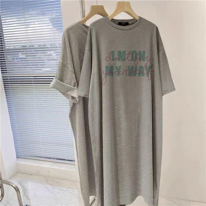 Medium and Long Knee-length Pure Cotton Gray Short-sleeved Dress Women's Summer New Foreign Style Loose Split-ended T-shirt Skirt
