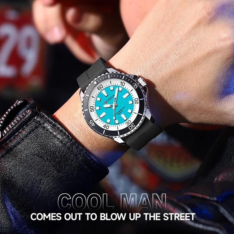 CURREN Men's Fashion Quartz Watch Outdoor Large Dial Luminous Waterproof Silicone Strap Sport Wristwatch