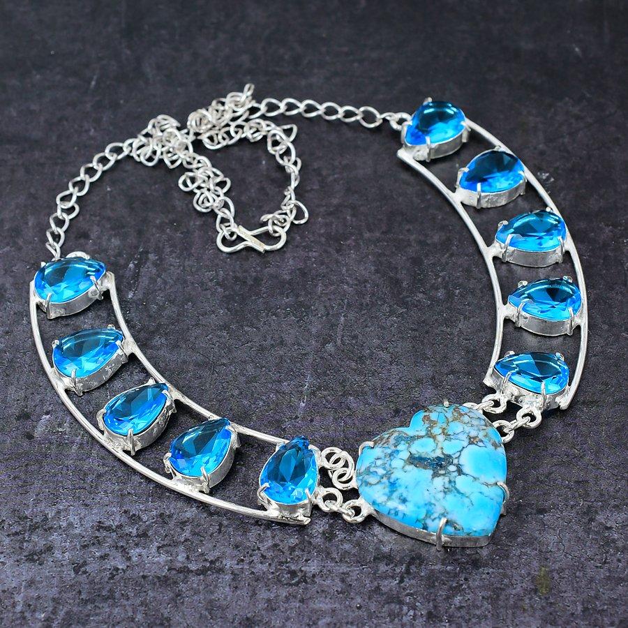 Natural Turquoise,Blue Topaz Gemstone 925 Sterling Silver Gift Necklace 18" U6r96