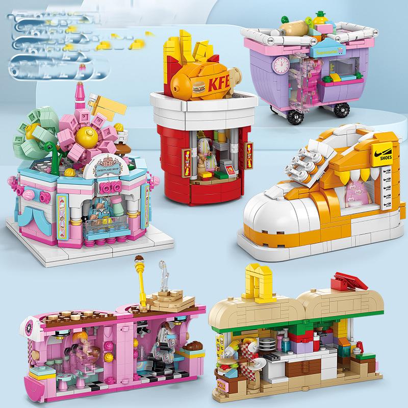 8 Style Mini Street View City Architecture Building Blocks Snack Store Shop House Model Bricks Puzzle Castle Toys for Children