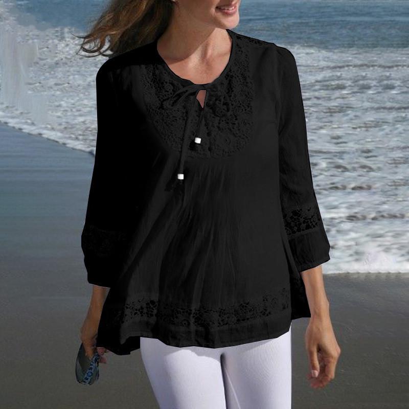 New Cotton Linen Patchwork Lace 3/4 Sleeve Loose Fit Women's Top