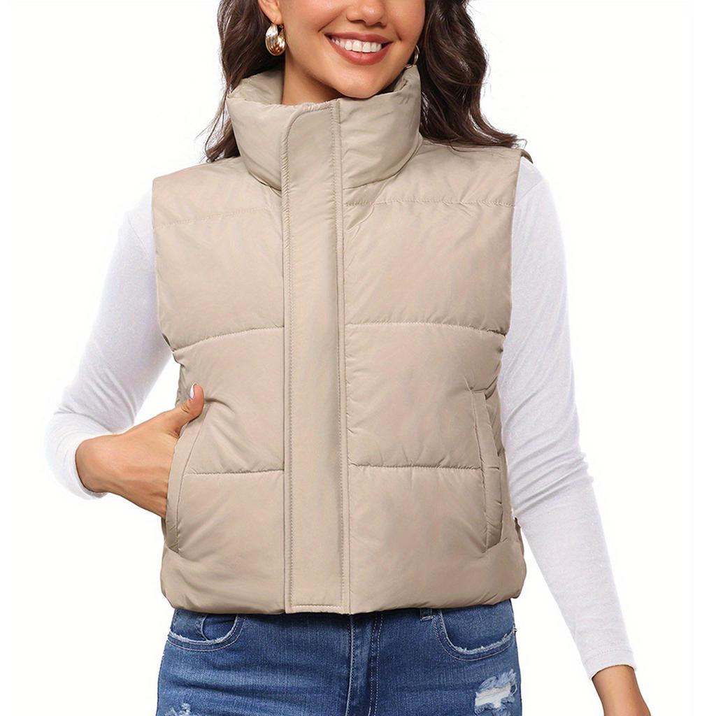 Women's Solid Color Fashionable Pocket Stand Up Collar Vest Jacket