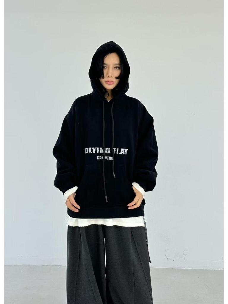 Becabeau Winter Korean-Style Loose Plus-Size Casual Letter Hooded Fleece Sweatshirt
