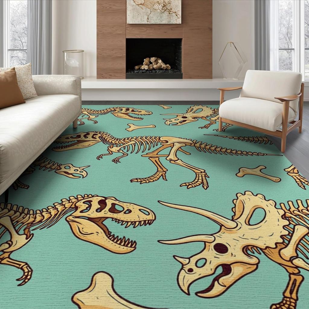 Tapis Area Imprimé Squelette de Dinosaure Dessin Animé T-Rex Fossile Tapis de Jeu pour Enfants Doux Antidérapant Thème Dino pour Salon Chambre à Coucher