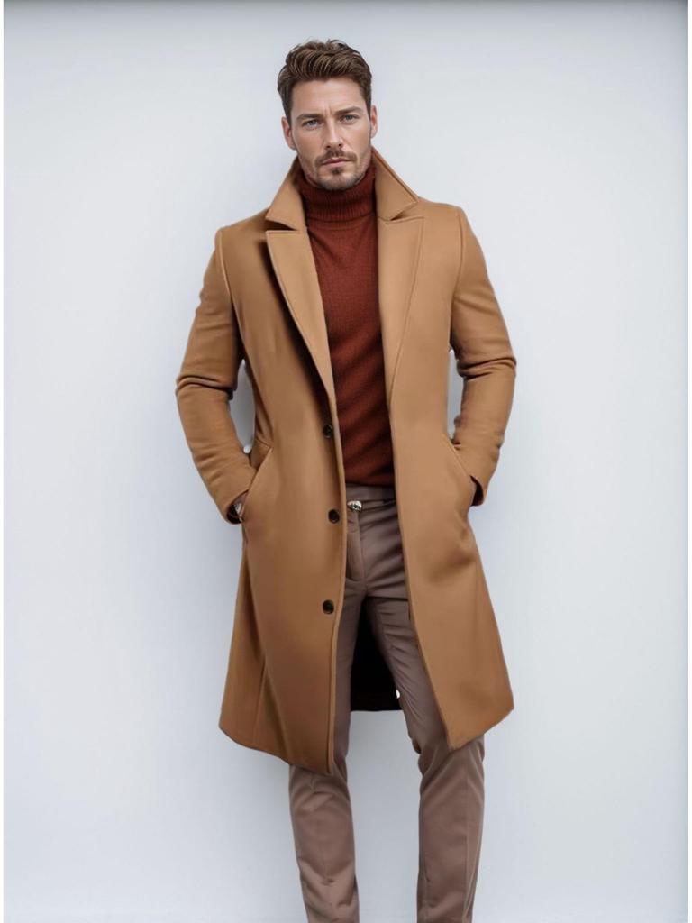 2025 European Men's Woolen Mid-Length Single-Breasted Fashion Overcoat