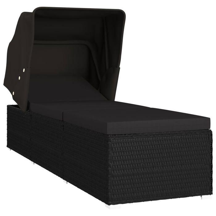 VidaXL Chaise longue avec auvent et coussin Résine tressée Noir