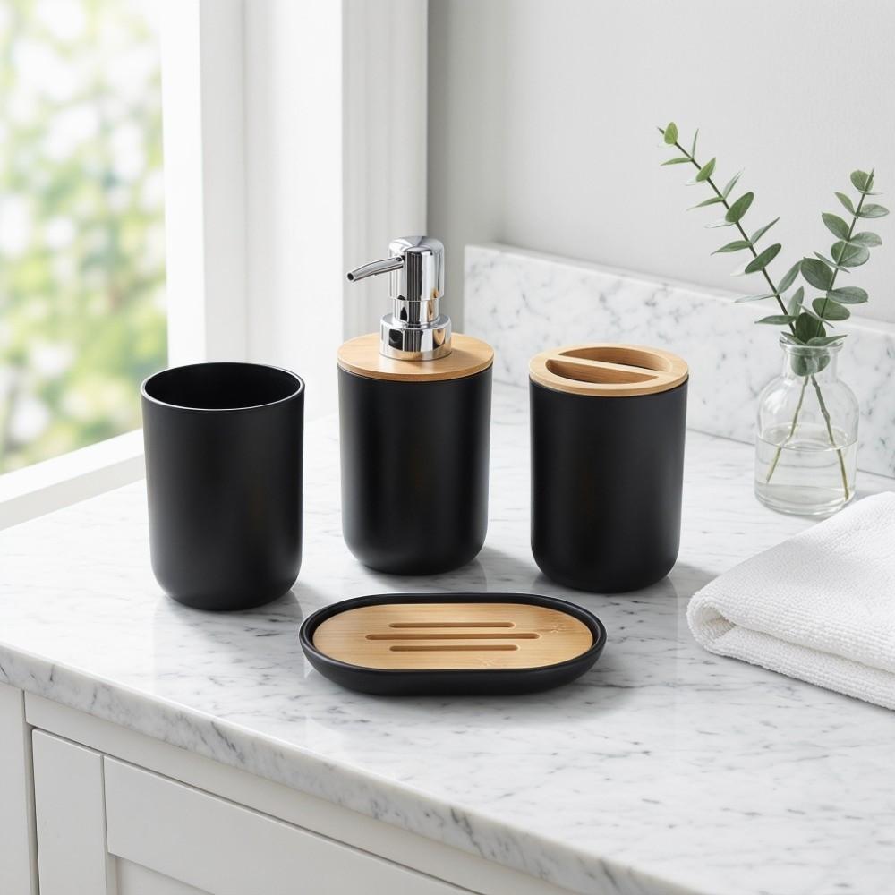 4-teiliges Badezimmer-Accessoire-Set Kunststoff Bambus Badezimmer-Organizer-Set Badezimmer-Zubehör-Set Familie