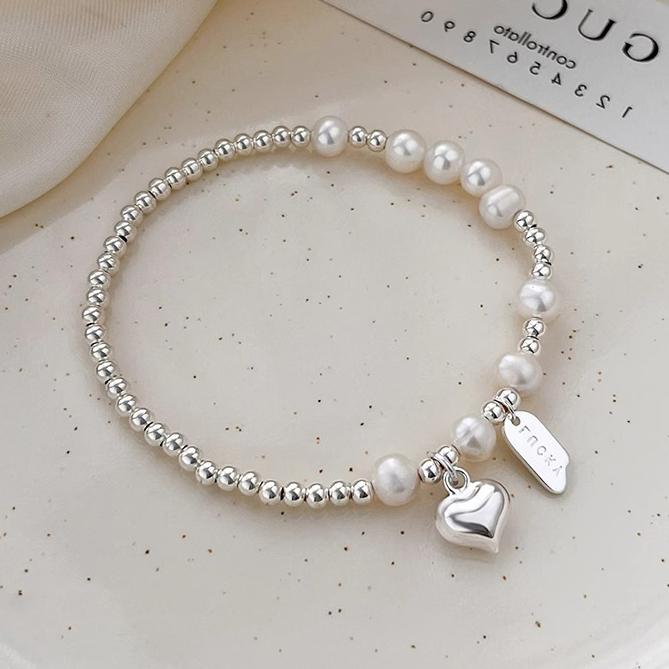 Stříbro ryzosti 925 Perlový korálek Srdce Přívěsek Charm Náramky pro ženy Minimalistické Roztomilé Jemné Šperky Doplňky