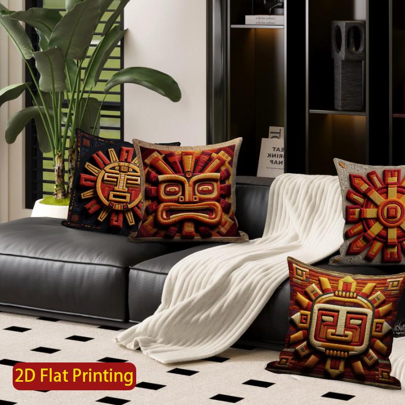 2D Aztec Sun God Embossed Style Throw Pillow Covers Pattern Cushion Cover Suitable For Sofa Bedroom Car Pillow Cover