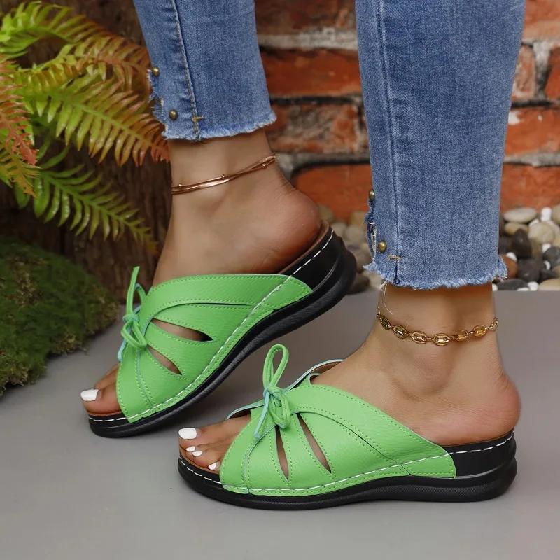 Size 43 Women Wedges Slippers Summer New Peep Toe Butterfly-knot Comfort Platform Wedges Beach Shoes Casual Sandals