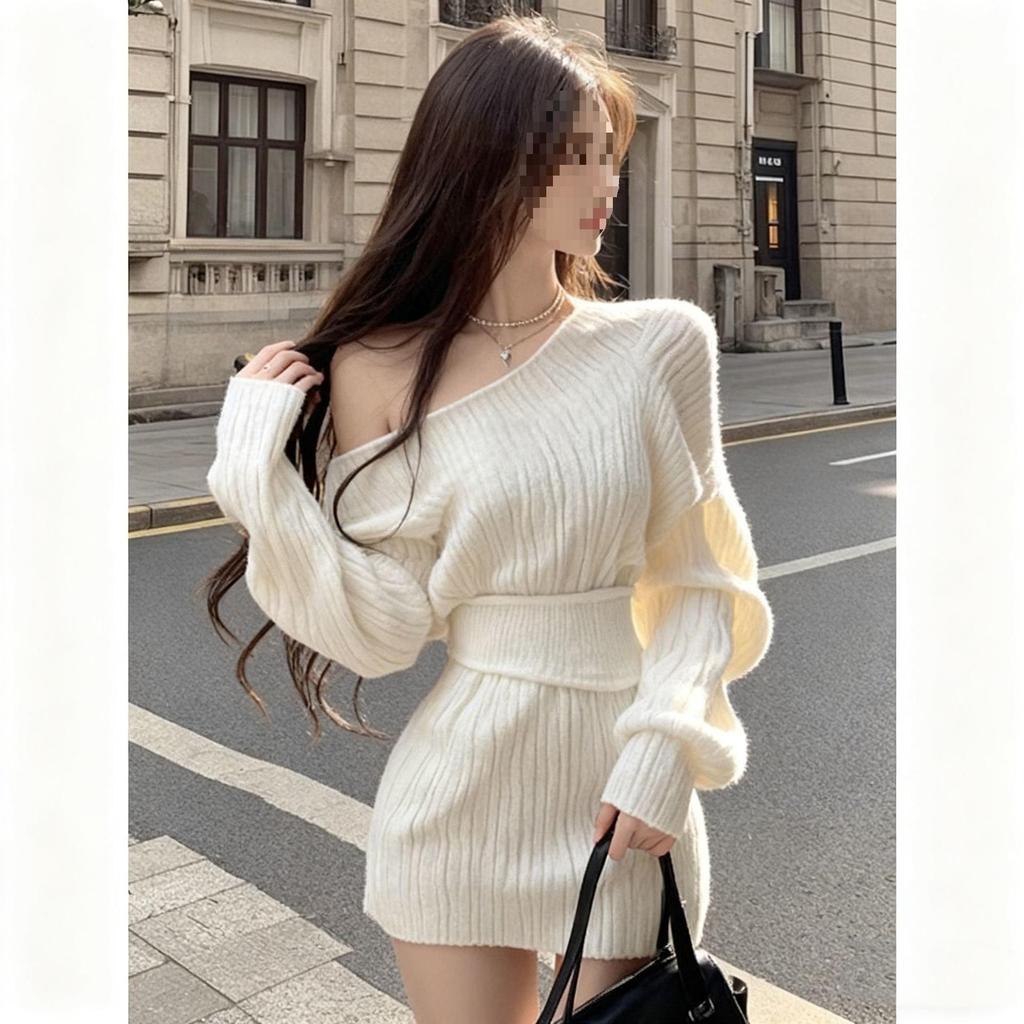 Korean Style One-Shoulder Knit Dress: Gentle, Versatile, Slimming Spring Bodycon Design for Women