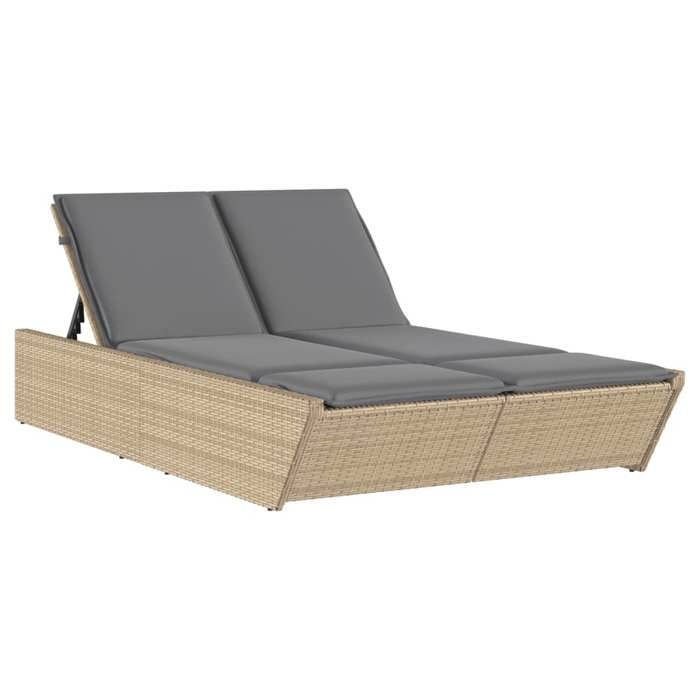 VidaXL Chaise longue double avec coussins beige résine tressée, lit de bronzage, chaise longue inclinable, lit de jour 368182